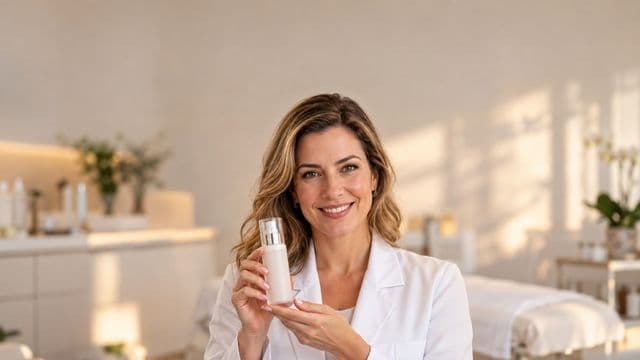 Profissional de estética sorrindo, com jaleco branco, segurando um frasco de cosmético sem rótulo, em uma clínica de estética clara e sofisticada
