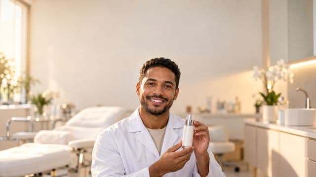 Profissional de estética sorrindo, com jaleco branco, segurando um frasco de cosmético sem rótulo, em uma clínica de estética clara e sofisticada