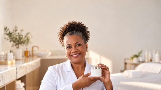 Profissional de estética sorrindo, com jaleco branco, segurando um frasco de cosmético sem rótulo, em uma clínica de estética clara e sofisticada