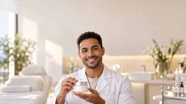 Profissional de estética sorrindo, com jaleco branco, segurando um frasco de cosmético sem rótulo, em uma clínica de estética clara e sofisticada