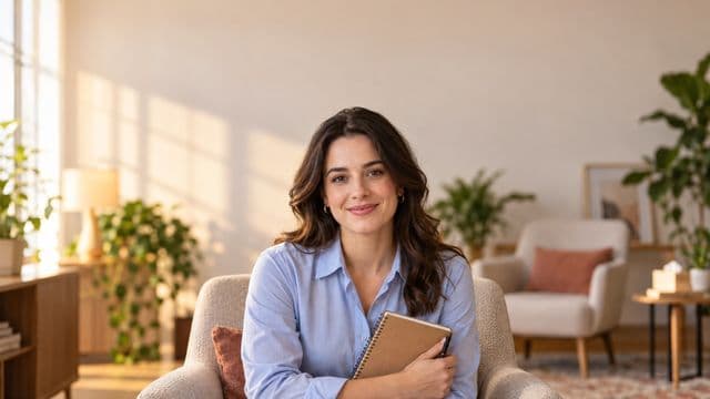 Psicóloga sorrindo, com camisa social azul, sem gravata, segurando um caderno de anotações, em um consultório de psicologia aconchegante com poltronas e plantas