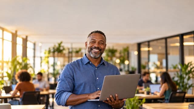 Empreendedor sorrindo, com camisa social azul com as mangas dobradas, segurando um notebook, em um espaço de coworking moderno e iluminado