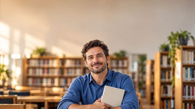 Professor de língua portuguesa sorrindo, com camisa social azul, segurando um livro de capa lisa, em uma biblioteca escolar com estantes