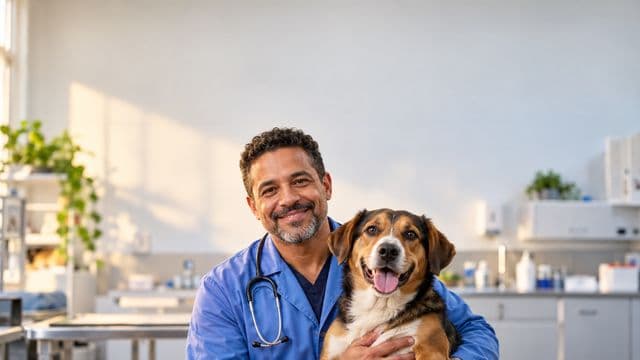 Médico veterinário sorrindo, com jaleco azul e estetoscópio, segurando com carinho um cachorro de porte médio, em uma clínica veterinária moderna e clara