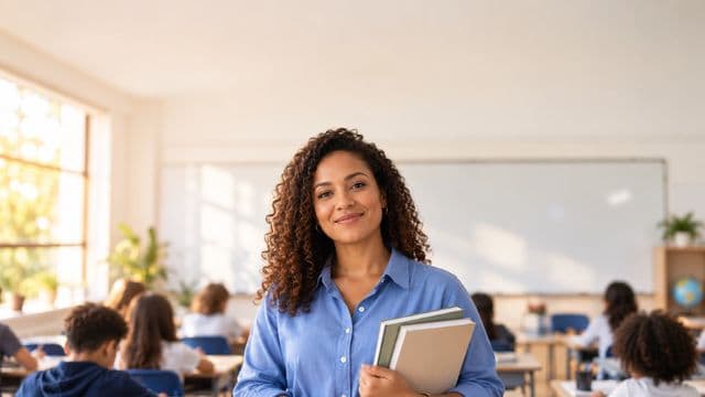 Professora sorrindo, com camisa social azul, segurando livros de capa lisa, em uma sala de aula moderna e clara com alunos desfocados