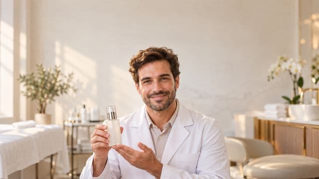 Profissional de estética sorrindo, com jaleco branco, segurando um frasco de cosmético sem rótulo, em uma clínica de estética clara e sofisticada