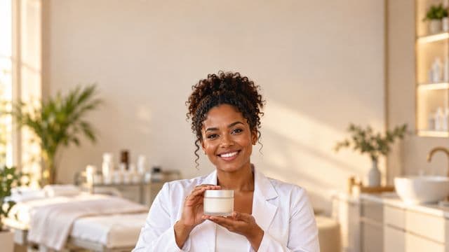Profissional de estética sorrindo, com jaleco branco, segurando um frasco de cosmético sem rótulo, em uma clínica de estética clara e sofisticada