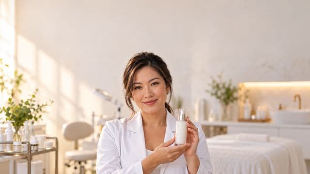 Profissional de estética sorrindo, com jaleco branco, segurando um frasco de cosmético sem rótulo, em uma clínica de estética clara e sofisticada