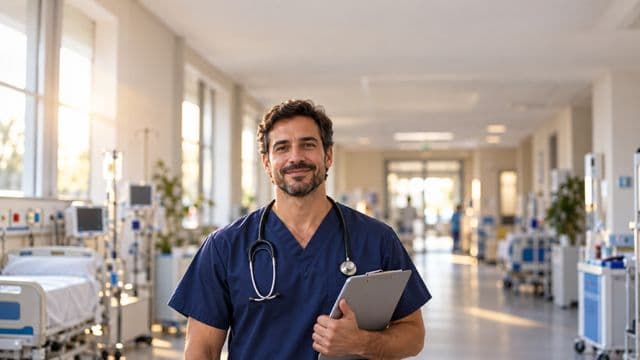 Enfermeiro sorrindo, com uniforme hospitalar azul-marinho e estetoscópio no pescoço, segurando uma prancheta, em o corredor de um hospital moderno e bem iluminado, com leitos e equipamentos