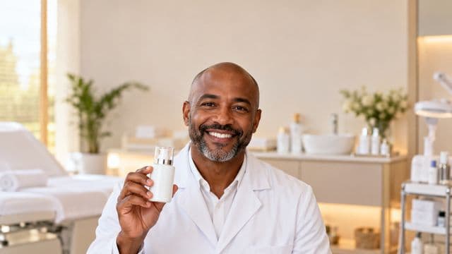 Profissional de estética sorrindo, com jaleco branco, segurando um frasco de cosmético sem rótulo, em uma clínica de estética clara e sofisticada