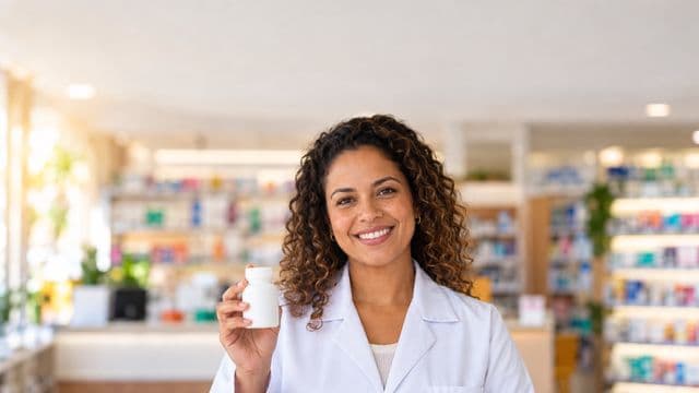 Farmacêutica sorrindo, com jaleco branco, segurando um frasco de medicamento sem rótulo legível, em uma farmácia moderna com prateleiras organizadas