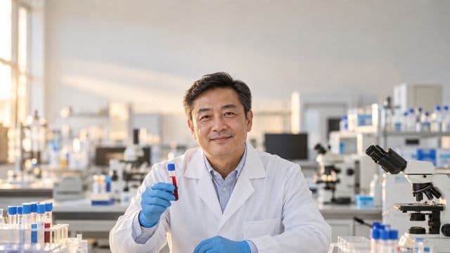 Biomédico sorrindo, com jaleco branco e luvas azuis, segurando um tubo de ensaio, em um laboratório de análises clínicas com microscópios e bancadas