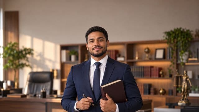 Advogado sorrindo, com terno azul-marinho e camisa branca, segurando um livro de capa lisa e uma caneta, em um escritório de advocacia elegante com estantes de livros