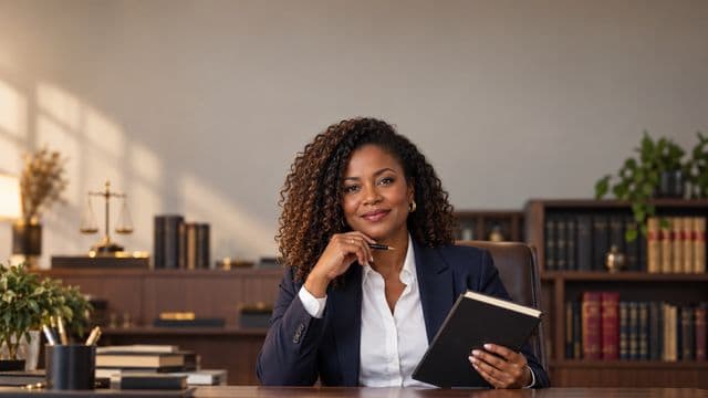 Advogada sorrindo, com terno azul-marinho e camisa branca, segurando um livro de capa lisa e uma caneta, em um escritório de advocacia elegante com estantes de livros