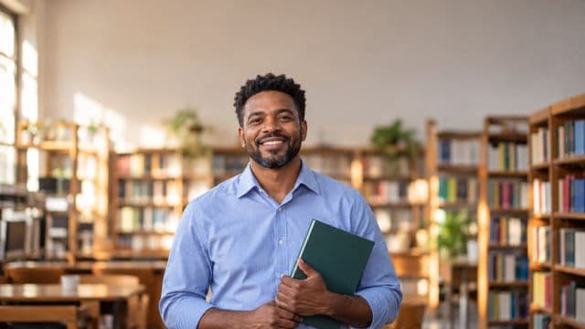 Professor de língua portuguesa sorrindo, com camisa social azul, segurando um livro de capa lisa, em uma biblioteca escolar com estantes
