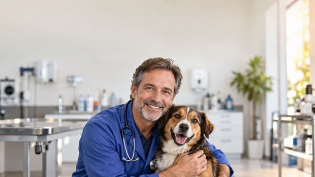 Médico veterinário sorrindo, com jaleco azul e estetoscópio, segurando com carinho um cachorro de porte médio, em uma clínica veterinária moderna e clara