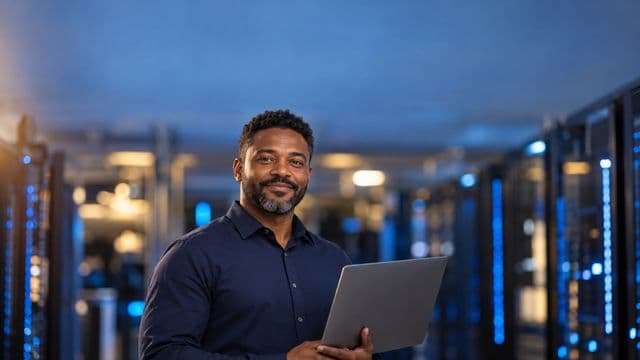 Especialista em segurança da informação sorrindo, com camisa social azul-escura, segurando um notebook, em uma sala de servidores com luzes azuis