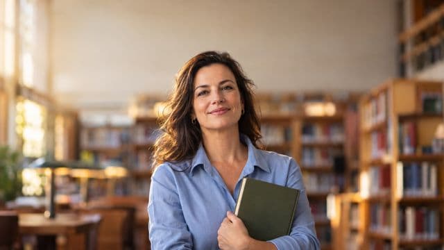 Professora de ciências humanas sorrindo, com camisa social azul, segurando um livro de capa lisa, em uma biblioteca universitária com estantes