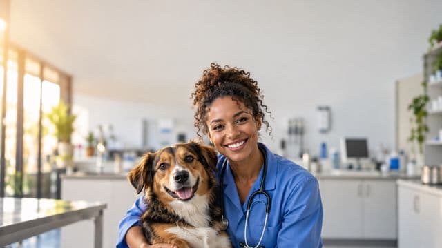 Médica veterinária sorrindo, com jaleco azul e estetoscópio, segurando com carinho um cachorro de porte médio, em uma clínica veterinária moderna e clara