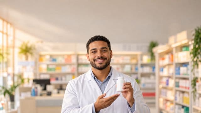 Farmacêutico sorrindo, com jaleco branco, segurando um frasco de medicamento sem rótulo legível, em uma farmácia moderna com prateleiras organizadas