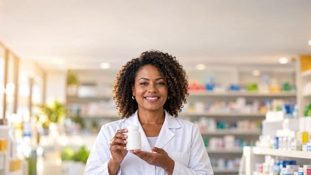 Farmacêutica sorrindo, com jaleco branco, segurando um frasco de medicamento sem rótulo legível, em uma farmácia moderna com prateleiras organizadas