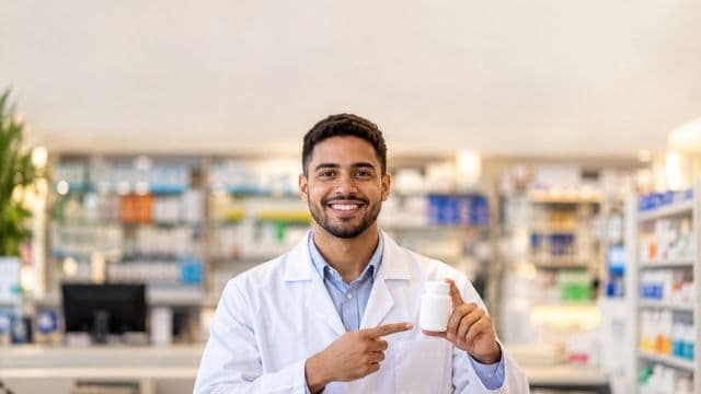 Farmacêutico sorrindo, com jaleco branco, segurando um frasco de medicamento sem rótulo legível, em uma farmácia moderna com prateleiras organizadas