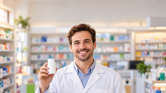 Farmacêutico sorrindo, com jaleco branco, segurando um frasco de medicamento sem rótulo legível, em uma farmácia moderna com prateleiras organizadas