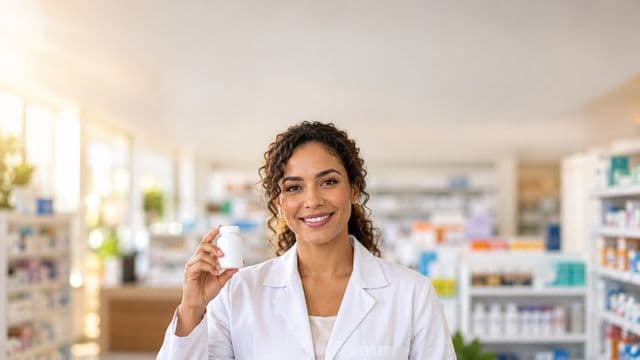 Farmacêutica sorrindo, com jaleco branco, segurando um frasco de medicamento sem rótulo legível, em uma farmácia moderna com prateleiras organizadas