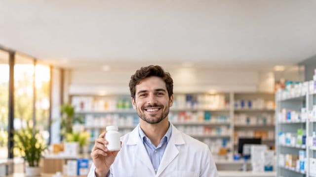 Farmacêutico sorrindo, com jaleco branco, segurando um frasco de medicamento sem rótulo legível, em uma farmácia moderna com prateleiras organizadas
