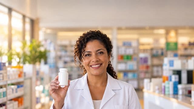 Farmacêutica sorrindo, com jaleco branco, segurando um frasco de medicamento sem rótulo legível, em uma farmácia moderna com prateleiras organizadas