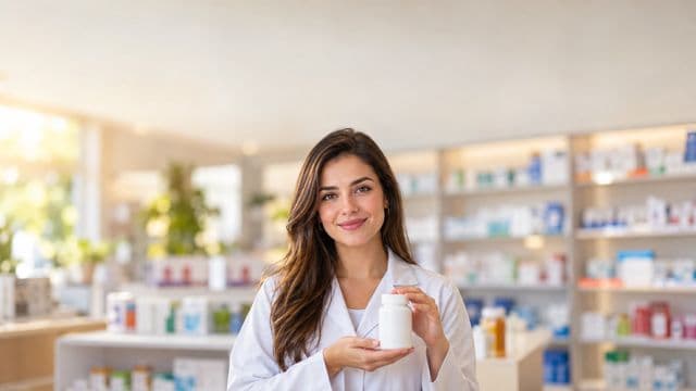 Farmacêutica sorrindo, com jaleco branco, segurando um frasco de medicamento sem rótulo legível, em uma farmácia moderna com prateleiras organizadas