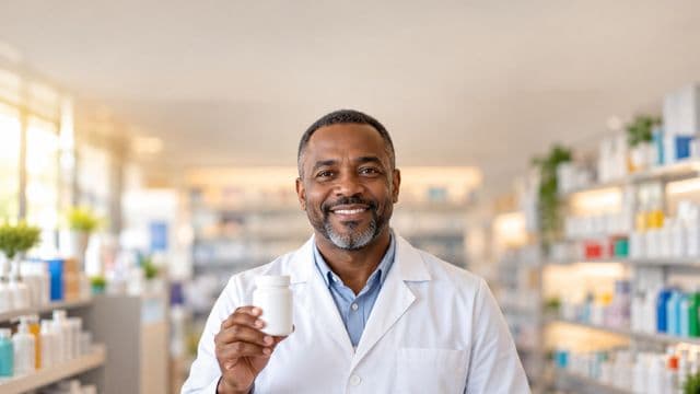 Farmacêutico sorrindo, com jaleco branco, segurando um frasco de medicamento sem rótulo legível, em uma farmácia moderna com prateleiras organizadas