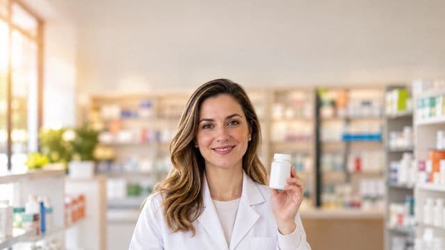 Farmacêutica sorrindo, com jaleco branco, segurando um frasco de medicamento sem rótulo legível, em uma farmácia moderna com prateleiras organizadas