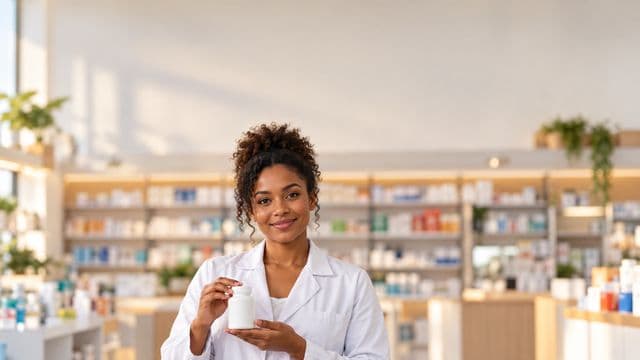 Farmacêutica sorrindo, com jaleco branco, segurando um frasco de medicamento sem rótulo legível, em uma farmácia moderna com prateleiras organizadas