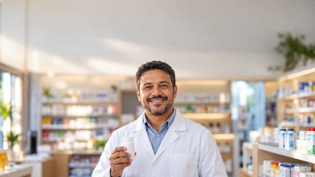 Farmacêutico sorrindo, com jaleco branco, segurando um frasco de medicamento sem rótulo legível, em uma farmácia moderna com prateleiras organizadas