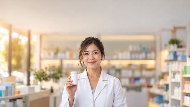 Farmacêutica sorrindo, com jaleco branco, segurando um frasco de medicamento sem rótulo legível, em uma farmácia moderna com prateleiras organizadas