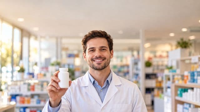 Farmacêutico sorrindo, com jaleco branco, segurando um frasco de medicamento sem rótulo legível, em uma farmácia moderna com prateleiras organizadas
