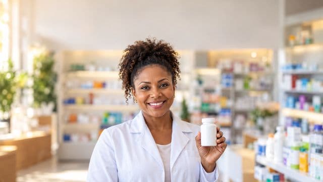 Farmacêutica sorrindo, com jaleco branco, segurando um frasco de medicamento sem rótulo legível, em uma farmácia moderna com prateleiras organizadas