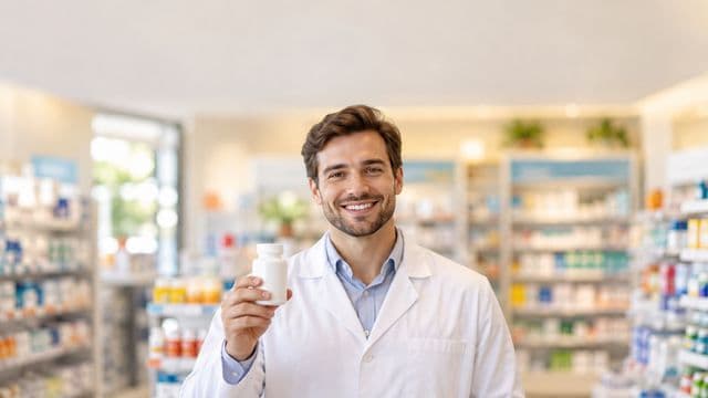 Farmacêutico sorrindo, com jaleco branco, segurando um frasco de medicamento sem rótulo legível, em uma farmácia moderna com prateleiras organizadas