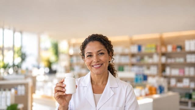Farmacêutica sorrindo, com jaleco branco, segurando um frasco de medicamento sem rótulo legível, em uma farmácia moderna com prateleiras organizadas