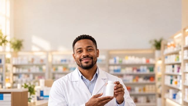 Farmacêutico sorrindo, com jaleco branco, segurando um frasco de medicamento sem rótulo legível, em uma farmácia moderna com prateleiras organizadas