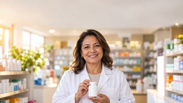 Farmacêutica sorrindo, com jaleco branco, segurando um frasco de medicamento sem rótulo legível, em uma farmácia moderna com prateleiras organizadas