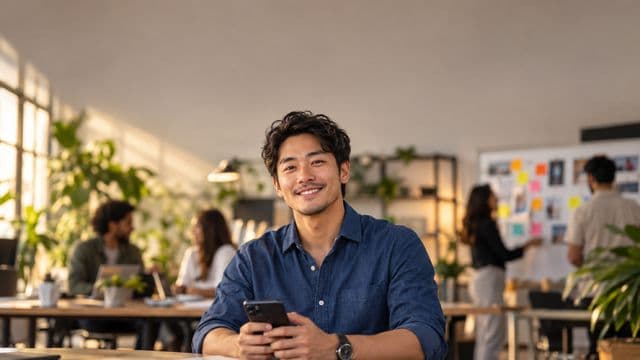 Profissional de marketing sorrindo, com camisa casual azul, segurando um smartphone, em uma agência criativa moderna com equipe desfocada e quadros de ideias