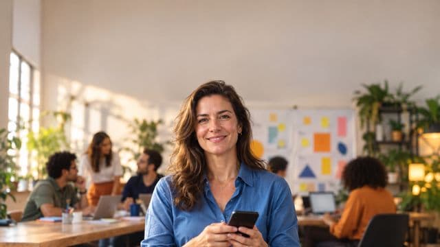 Profissional de marketing sorrindo, com camisa casual azul, segurando um smartphone, em uma agência criativa moderna com equipe desfocada e quadros de ideias
