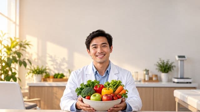 Nutricionista sorrindo, com jaleco branco sobre camisa azul-clara, segurando uma tigela de frutas e legumes frescos, em um consultório de nutrição claro com bancada e balança