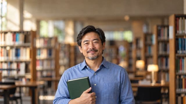 Professor de ciências humanas sorrindo, com camisa social azul, segurando um livro de capa lisa, em uma biblioteca universitária com estantes