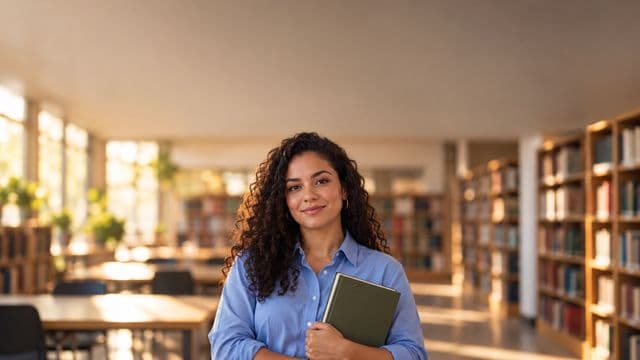 Professora de ciências humanas sorrindo, com camisa social azul, segurando um livro de capa lisa, em uma biblioteca universitária com estantes