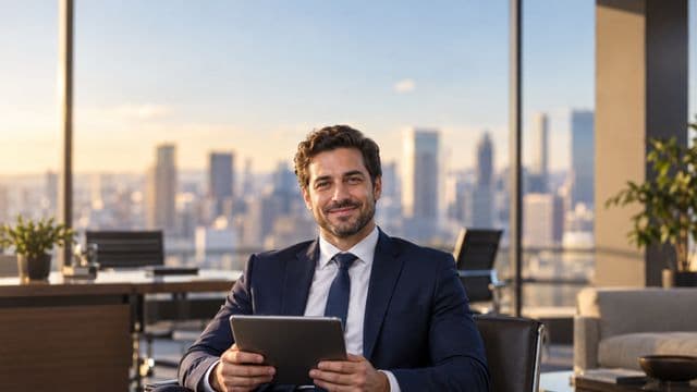 Analista financeiro sorrindo, com terno azul-marinho, segurando um tablet, em um escritório corporativo com vista para a cidade
