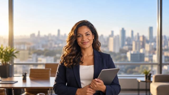 Analista financeira sorrindo, com terno azul-marinho, segurando um tablet, em um escritório corporativo com vista para a cidade