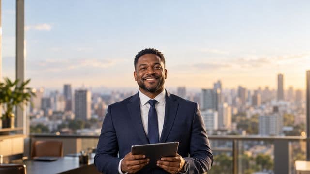 Analista financeiro sorrindo, com terno azul-marinho, segurando um tablet, em um escritório corporativo com vista para a cidade